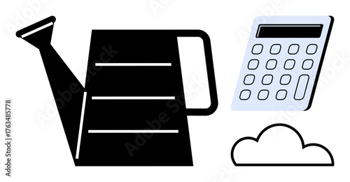Black watering can, light grey calculator, and abstract cloud outline symbolize growth, efficiency, and sustainability. Ideal for business strategy, resource planning, finance, productivity