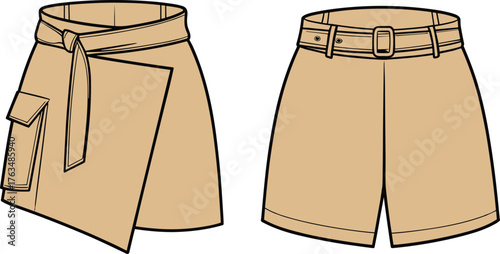 Women’s shorts vector illustration, wrap style with tie belt and classic tailored design, front view fashion CAD drawing, apparel flat sketch