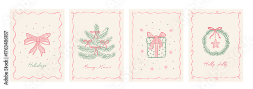 Merry Christmas vintage greeting card set. Xmas elegant design with hand drawn Christmas tree, bows, whimsical lines frames, holiday wreath, gifts. Vector modern poster, background, cover, banner.