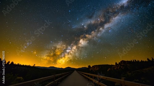 Milky way over night road landscape