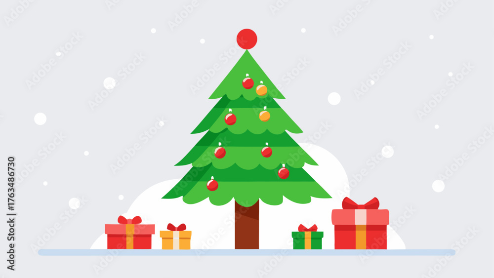 Naklejka premium Decorated christmas tree with gifts in snowy scene