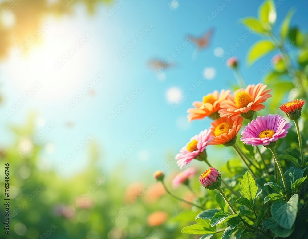Fototapeta premium Scenic image of pink and orange flowers against a blurred green meadow and blue sky. Sun shines in bright sky with butterflies flying above. Freshness of summer bloom.