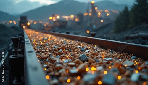 Raw ore moves on a conveyor belt at a mine with distant factory lights. Heavy rocks transport to industrial processing plant. Mining operation fuels production needs.