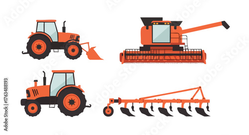 Farm Vehicles Vector Collection with Modern Tractor, Combine Harvester, and Plow Equipment in Flat Design Style