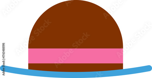 Cartoon Style Brown Bowler Hat with Pink Band and Blue Brim Illustration