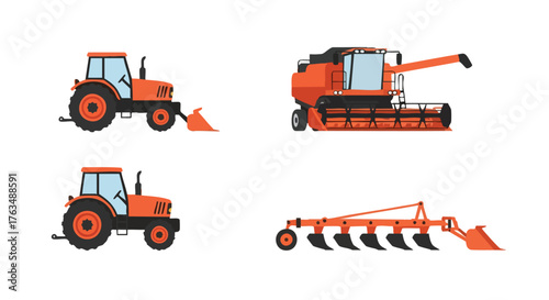 Farm Vehicles Vector Set with Modern Tractor, Combine Harvester, and Plow Machine in Flat Design Illustration