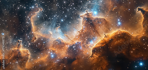 Space background with stardust and shining stars. Realistic cosmos and color nebula. Colorful galaxy
