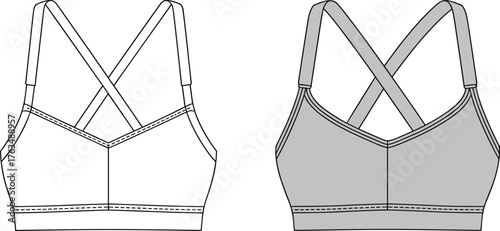 Women’s sports bra vector illustration, front view with V‑neck, wide band and crisscross straps, line drawing and shaded version, fashion CAD flat sketch
