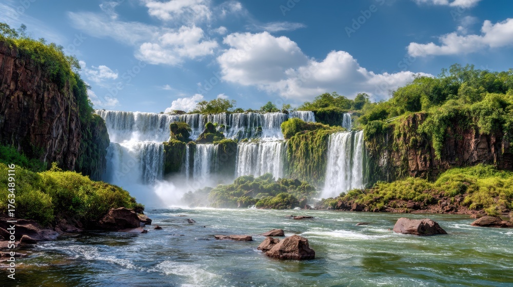 Obraz premium Powerful waterfall gushing into a river with lush green foliage covering cliffs under a blue sky with white clouds, showcasing nature's beauty