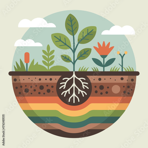 Flat Vector Illustration of Earth Cross-Section with Soil Layers, Roots, and Growing Plants – Educational Environmental Design