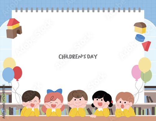 파란색, 스케치북 배경, 귀여운 어린이들이 웃고 있는 일러스트