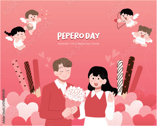 빨간색, 한국 기념일 빼빼로데이, 남자가 여자에게 꽃다발을 주고 있다.