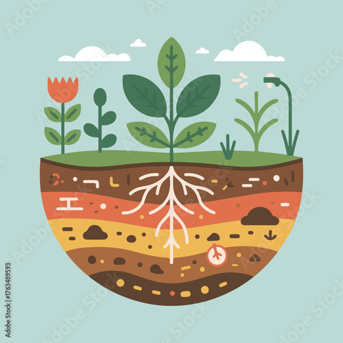 Flat Vector Illustration of Earth Cross-Section with Soil Layers, Roots, and Growing Plants – Educational Environmental Design
