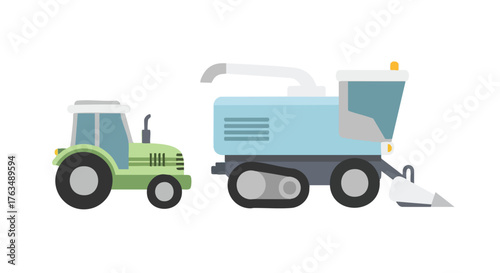 Flat Green Tractor and Harvester – Minimalist Agricultural Vehicle Illustration
