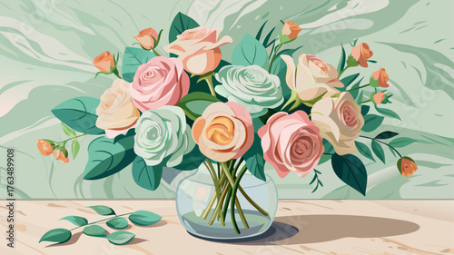 Very beautiful bouquet of pastel roses and eucalyptus leaves arranged in a glass vase on a marble table, exuding natural beauty, harmony, and elegance.
