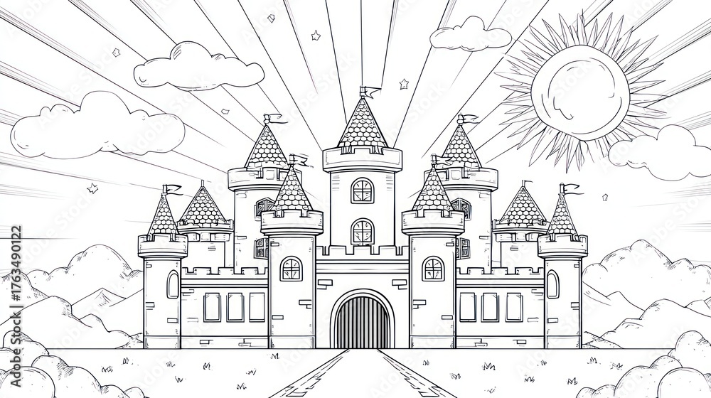Obraz premium Majestic castle with towers, battlements, flags, and radiating sun