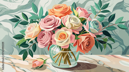 Very beautiful bouquet of pastel roses and eucalyptus leaves arranged in a glass vase on a marble table, exuding natural beauty, harmony, and elegance.
