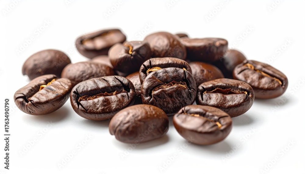 Fototapeta premium Close-up Macro Shot of Roasted Coffee Beans Scattered on a White Surface with Natural Lighting and Rich Brown Tones
