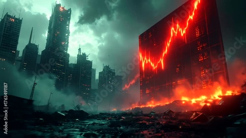 Collapsed metropolis with fiery financial display under stormy skies