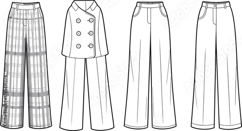 Women’s wide leg pants and jacket vector illustration set, plaid, plain and coordinated tailored designs, fashion CAD flat sketch