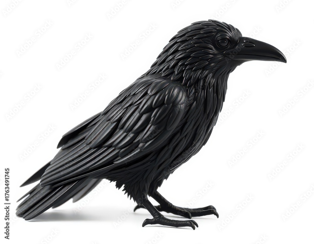 Fototapeta premium Realistic Decorative Black Raven or Crow on Bright White Studio Background for Halloween Mockup