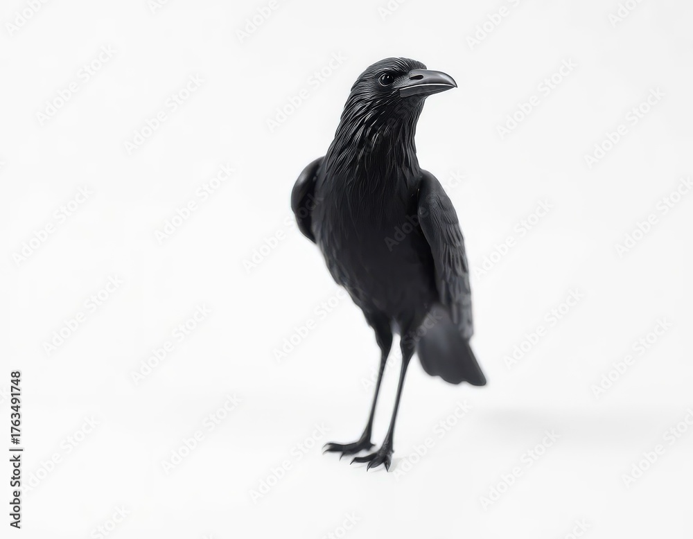 Fototapeta premium Realistic Decorative Black Raven or Crow on Bright White Studio Background for Halloween Mockup