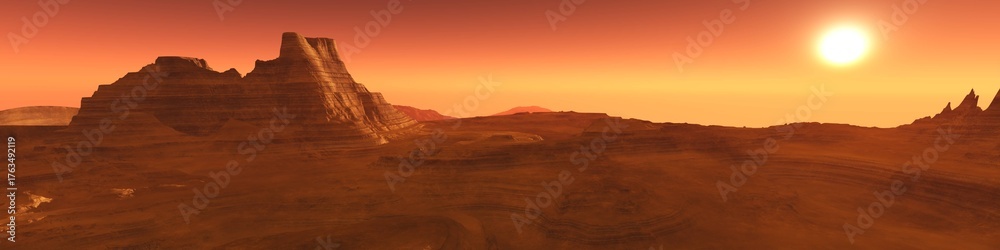 Naklejka premium Mars at sunset, panorama of Mars, alien landscape, a panorama of a surface of another planet, 3D rendering