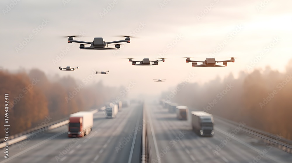 Naklejka premium multiple drones flying in formation above an expressway filled with delivery trucks