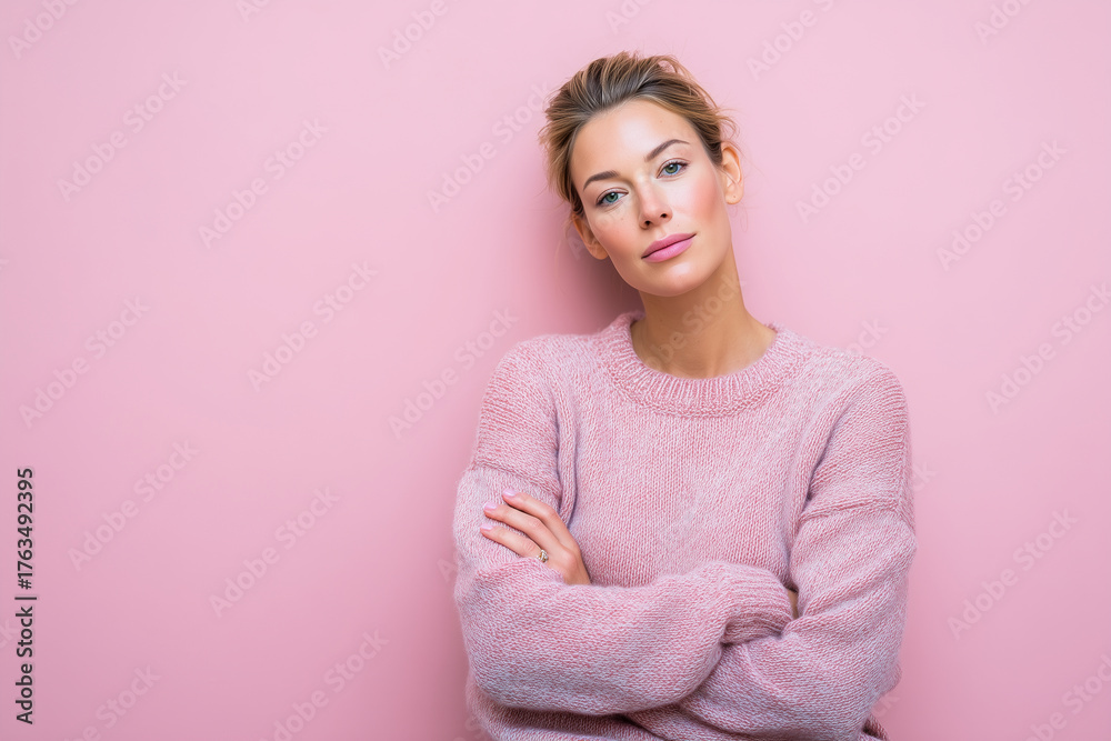 Fototapeta premium stylish young woman posing after personal color session, natural makeup, pastel background, confidence and glow, 