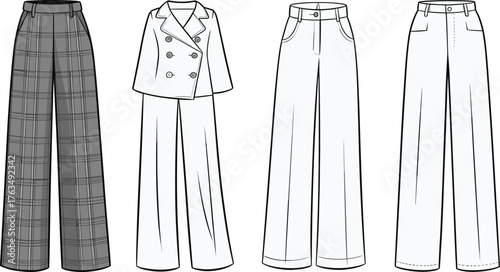 Women’s wide leg pants vector illustration set, four styles with pleated, plain, coordinated and minimalist designs, fashion CAD flat sketch