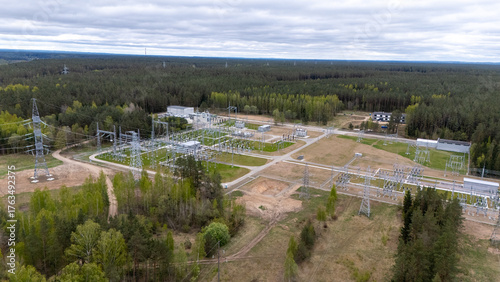 Aerial View of Electrical Substation in Forested Area