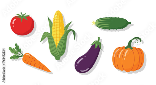 Flat Vector Illustration of Fresh Vegetables Including Tomato, Corn, Cucumber, Eggplant, Carrot, and Pumpkin for Organic Food, Vegan Diet, and Healthy Lifestyle Design