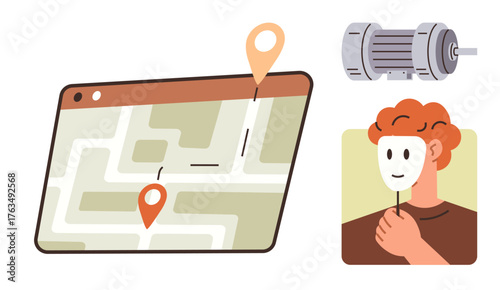 Map with location pins for navigation, electric motor for technology, and person holding mask for identity. Ideal for concepts thumbs up technology, navigation, identity, innovation, anonymity