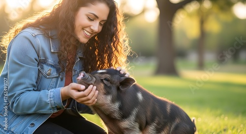 Fototapeta Naklejka Na Ścianę i Meble -  Happy woman petting cute pet piglet golden hour park setting