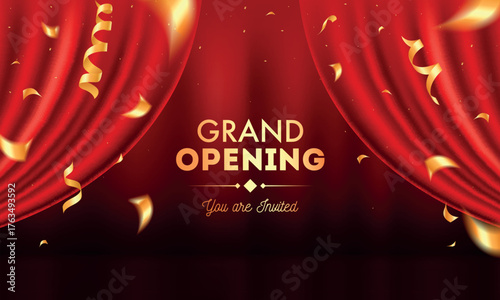 Grand Opening Ceremony Design Template, Festive Stage with Red Curtains and Confetti, Invitation or Celebration Event Template Vector Illustration