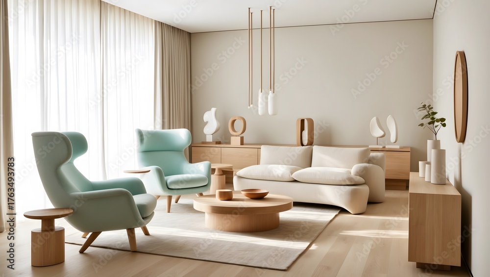 Fototapeta premium Airy Scandinavian-Inspired Living Room. Modern Neutral Living Space with Wooden Accents