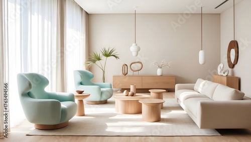 Modern Home with Simple Elegant Decor. Minimal Home Decor in Beige and Mint Palette