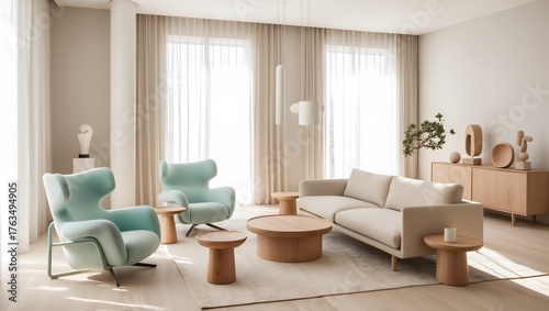 Modern Neutral Living Space with Wooden Accents. Cozy Contemporary Home Interior Design