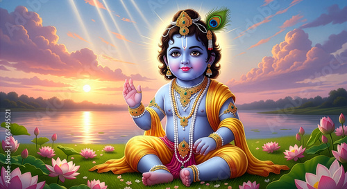 style devotional illustration of baby Krishna seated on a lotus-lined riverbank at sunrise