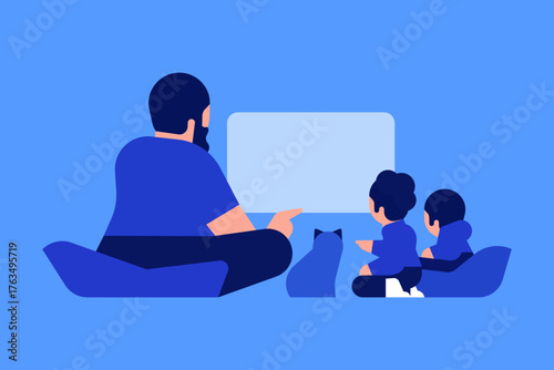 Flat minimal vector illustration of a father and children watching TV together at home with their cat. Concept of family bonding, cozy movie night, and spending quality time together in a modern home 