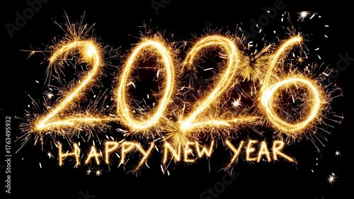 Happy New Year 2026 sparkler light writing on black background, festive celebration concept