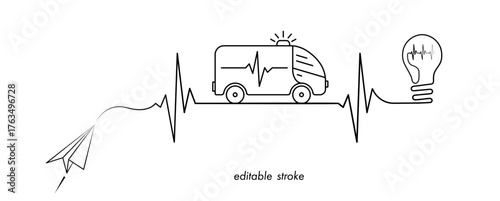 Medical care concept illustration with ambulance truck, ekg line, paper plane, lightbulb. Abstract health care concept design to use for medical emergency, medical care projects.