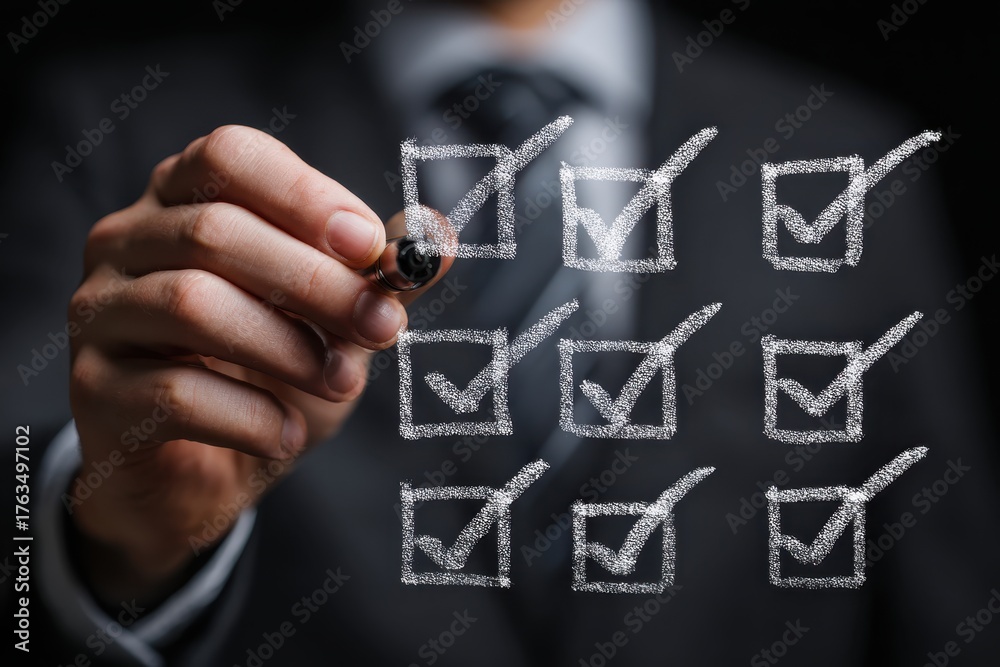 Fototapeta premium Checkbox Grid Marking Completion Hand Sharp Suit Professional Task Approval Business Agreement Compliance Close-Up Concept Planning Strategy Checklist Execution