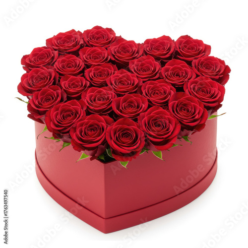 Heart shaped box filled with red roses on a white background in a studio setting