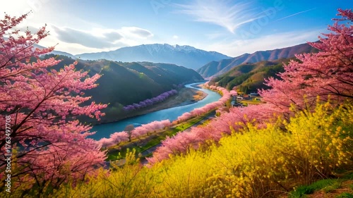 Scenic view of blooming cherry blossoms along a river with mountains