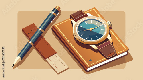 Very beautiful elegant wristwatch placed beside a fountain pen and notebook on a beige surface, representing timeless style, discipline, and sophistication.
