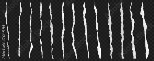 Realistic textured torn paper edges. Set of realistic ripped edges of paper of different shapes and sizes. Cardboard torn strips of white colors at transparent background. Vector.