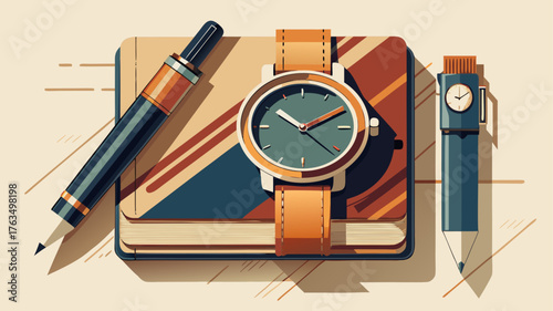 Very beautiful elegant wristwatch placed beside a fountain pen and notebook on a beige surface, representing timeless style, discipline, and sophistication.
