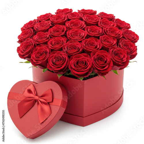 Close up of a heart shaped gift box with a bow next to a box filled with red roses