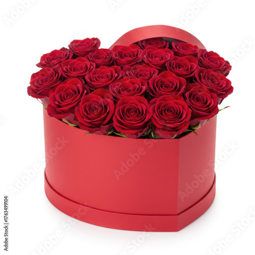 A heart shaped red box filled with a bouquet of red roses with a partially open lid